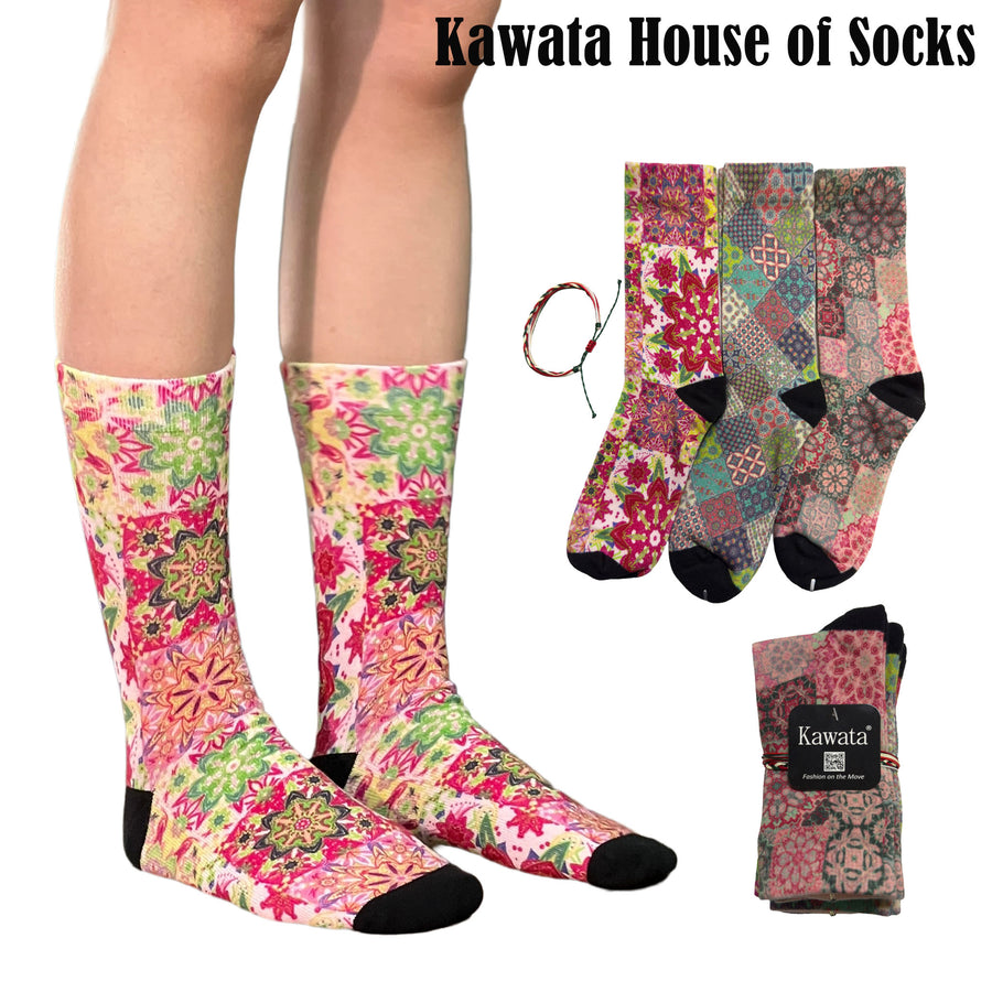 3-in-1 Motif Designs Bundle Mid-Calf Socks EU35-EU39 ( Set A )